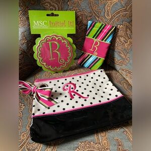 R - initial Monogram Sticker, Vinyl Zippered Pouch, and Glasses Pouch